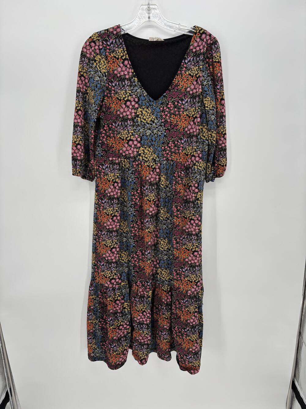 Dress Womens Small Multicolor Floral Midi V Neck Trapeze Swing Modern Prairie